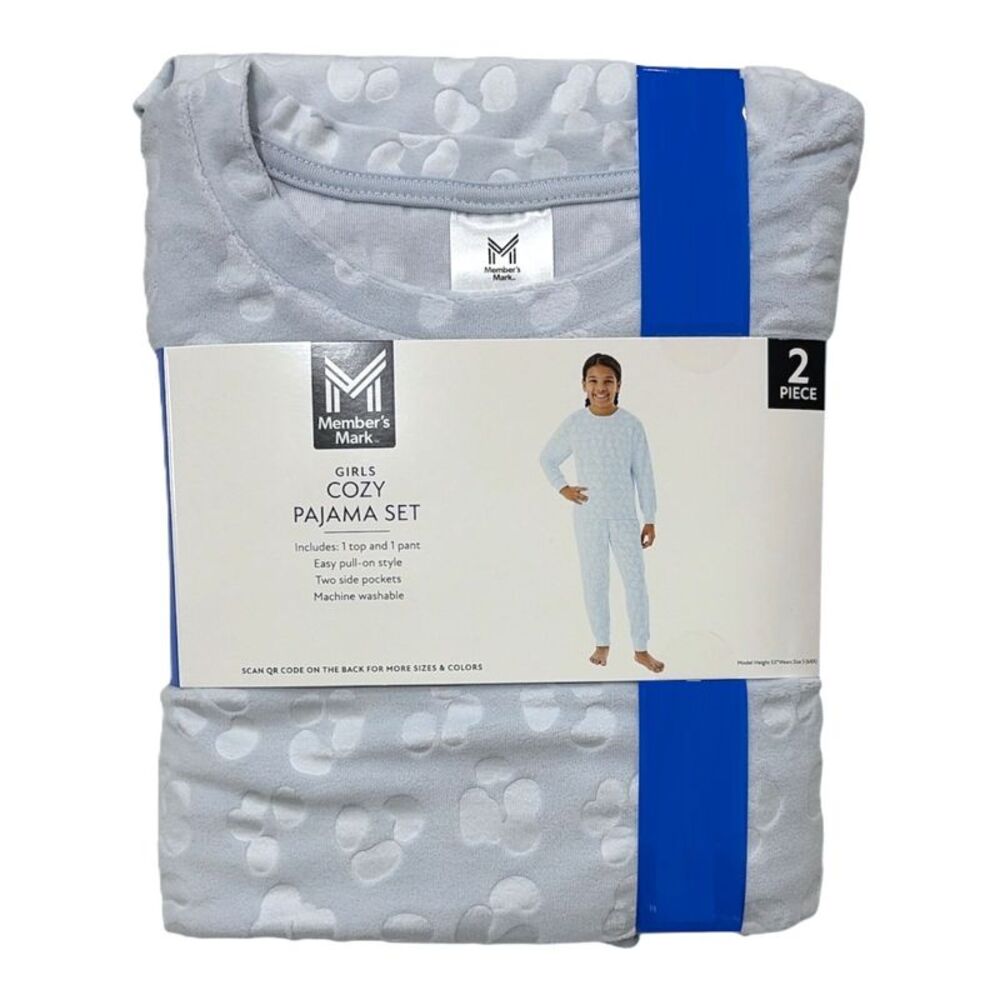 Light Blue Leopard - Member's Mark Girls Cozy Pajama Set, 2-Piece, Stamped Velou
